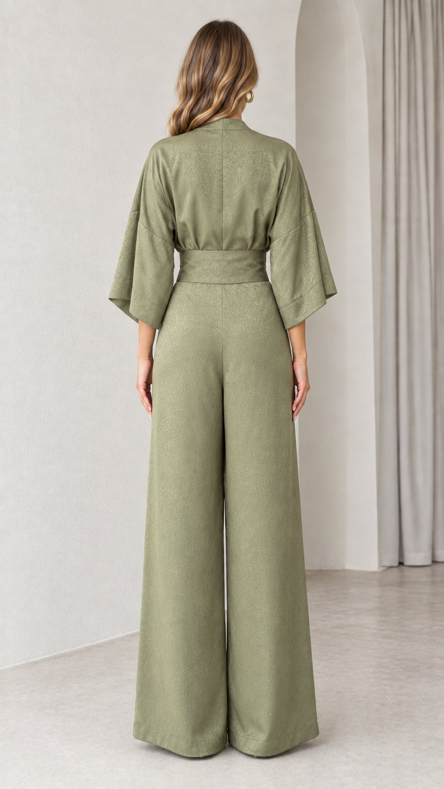 Back view of Sage Green wide leg jumpsuit showing back seam details