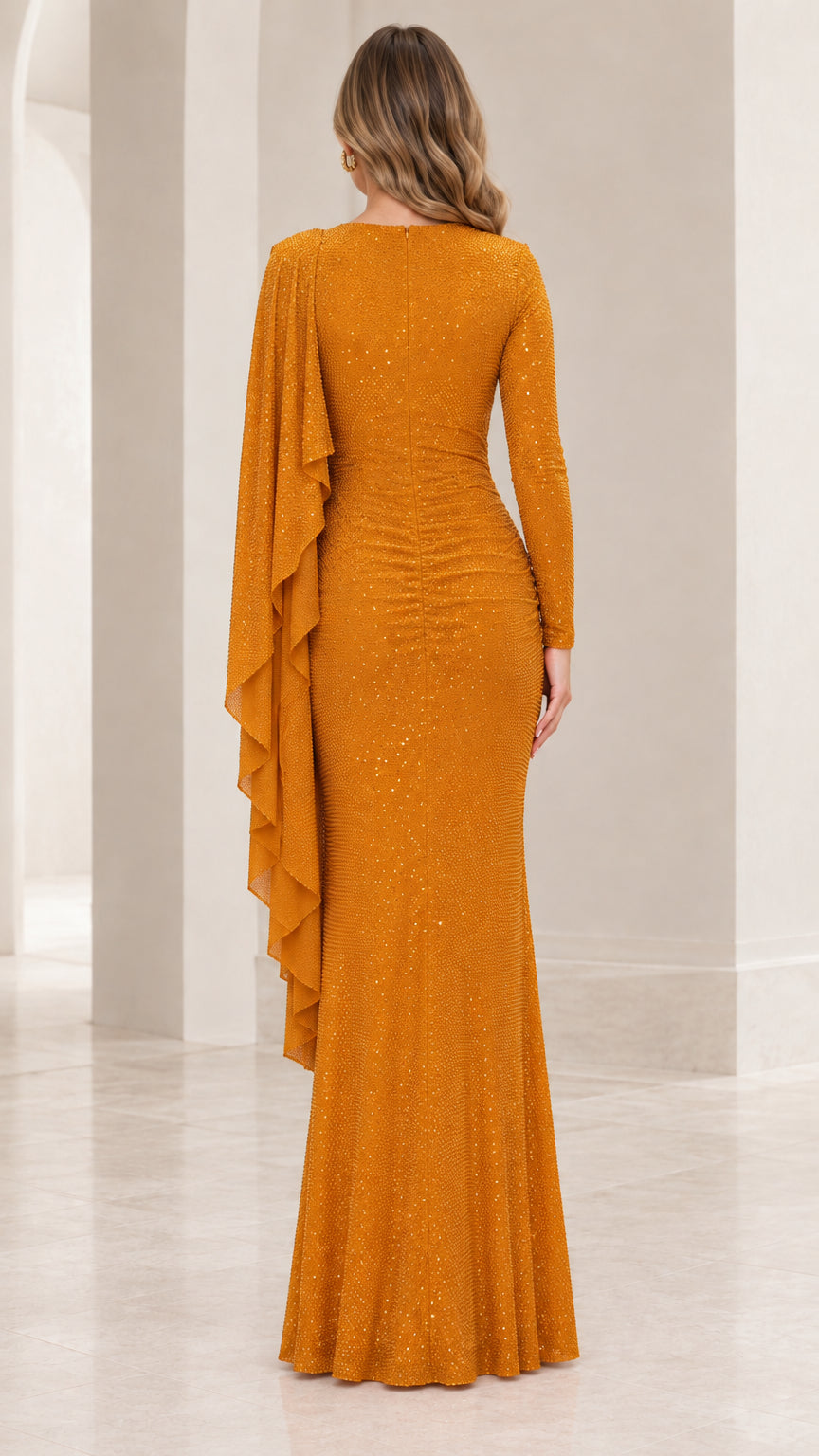 Back view of Mustard Gold floor-length formal gown with cape sleeve and concealed zip
