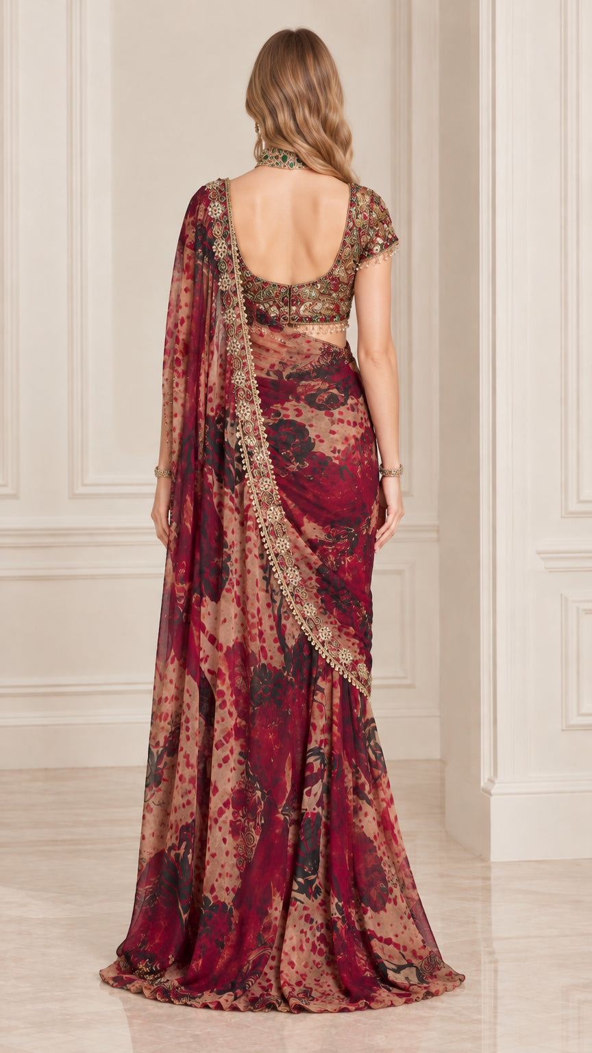 Back view of woman showing low-back embroidered blouse and Wine Red printed saree pallu