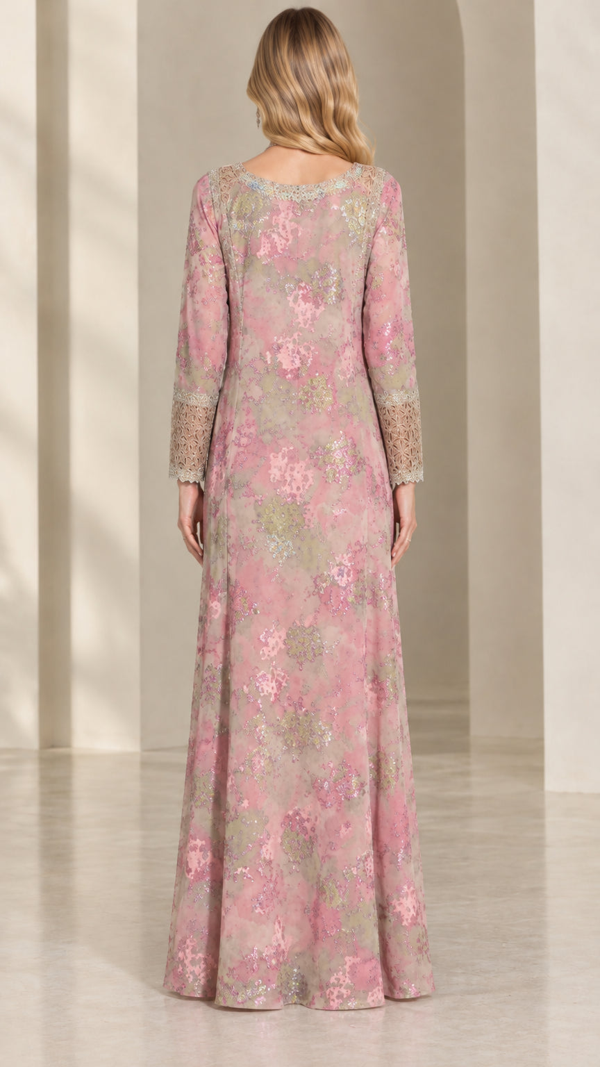 Back view of model wearing Blush Pink floral printed maxi kaftan