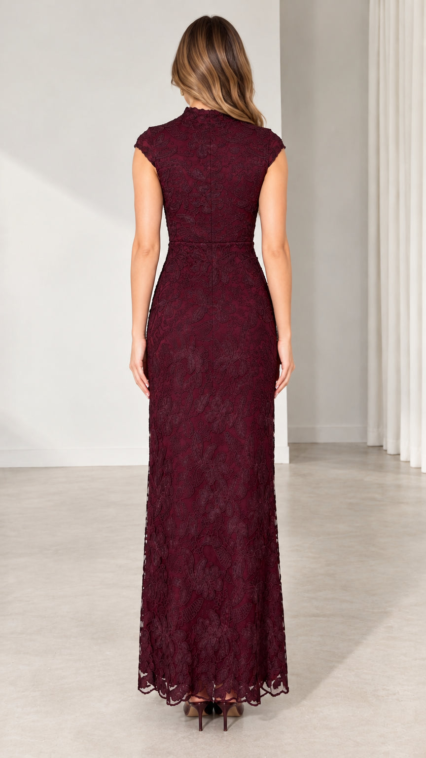Back view of model in Burgundy floor-length lace formal gown