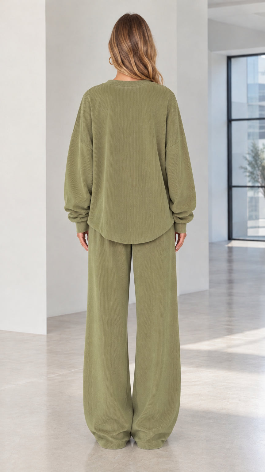 Back view of woman wearing olive green oversized ribbed top and wide-leg sweatpants