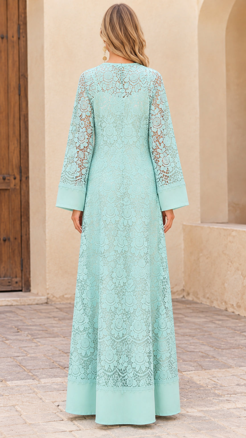 Back view of Mint Green floral lace relaxed maxi kaftan dress