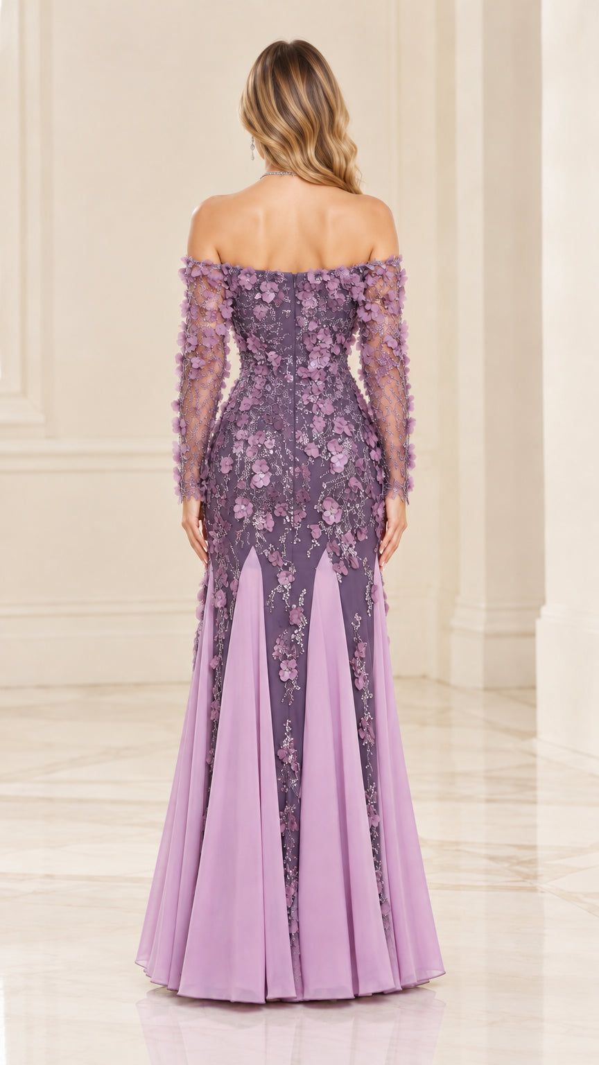Back view of dusty purple floral embroidered floor-length evening gown