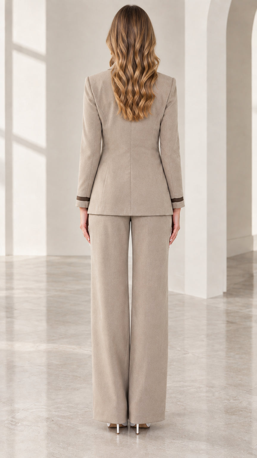 Back view of woman wearing taupe blazer and matching wide-leg trousers
