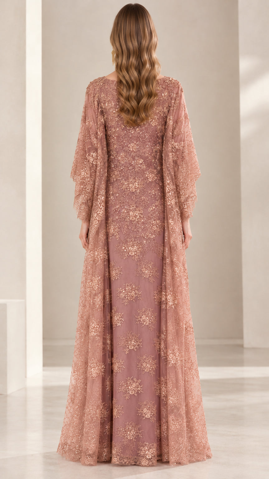 Back view of dusty rose sequined lace maxi kaftan dress showing elegant drape