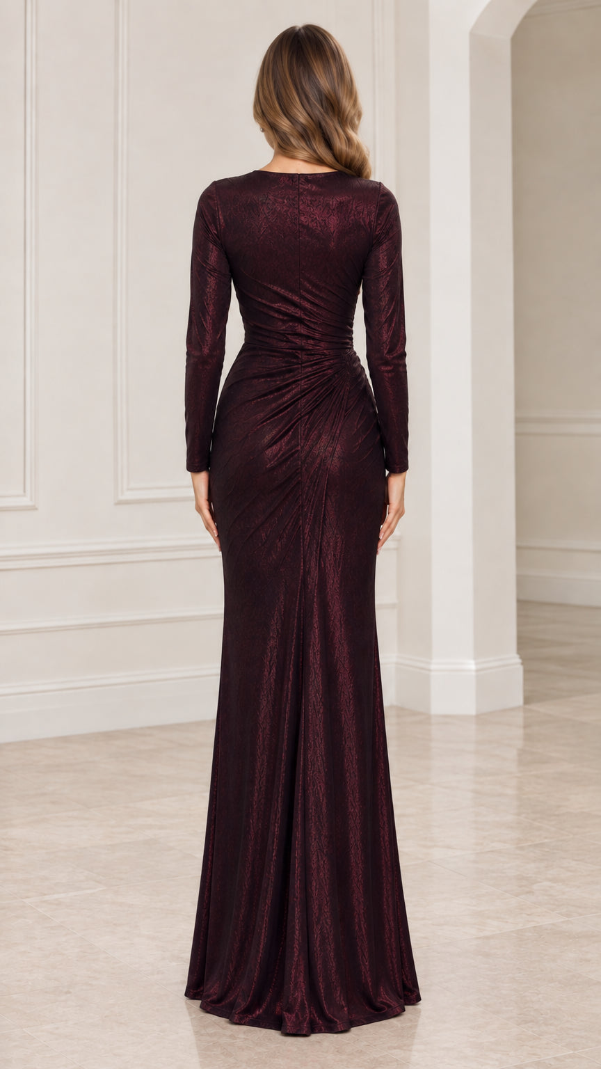 Back view of model wearing Burgundy long sleeve ruched evening dress