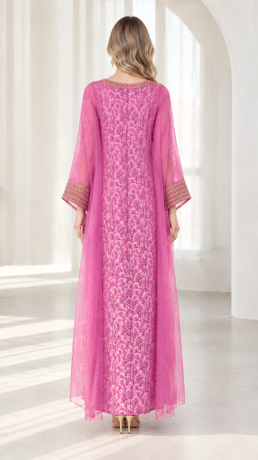 Back view of woman wearing elegant fuchsia long cape kaftan dress