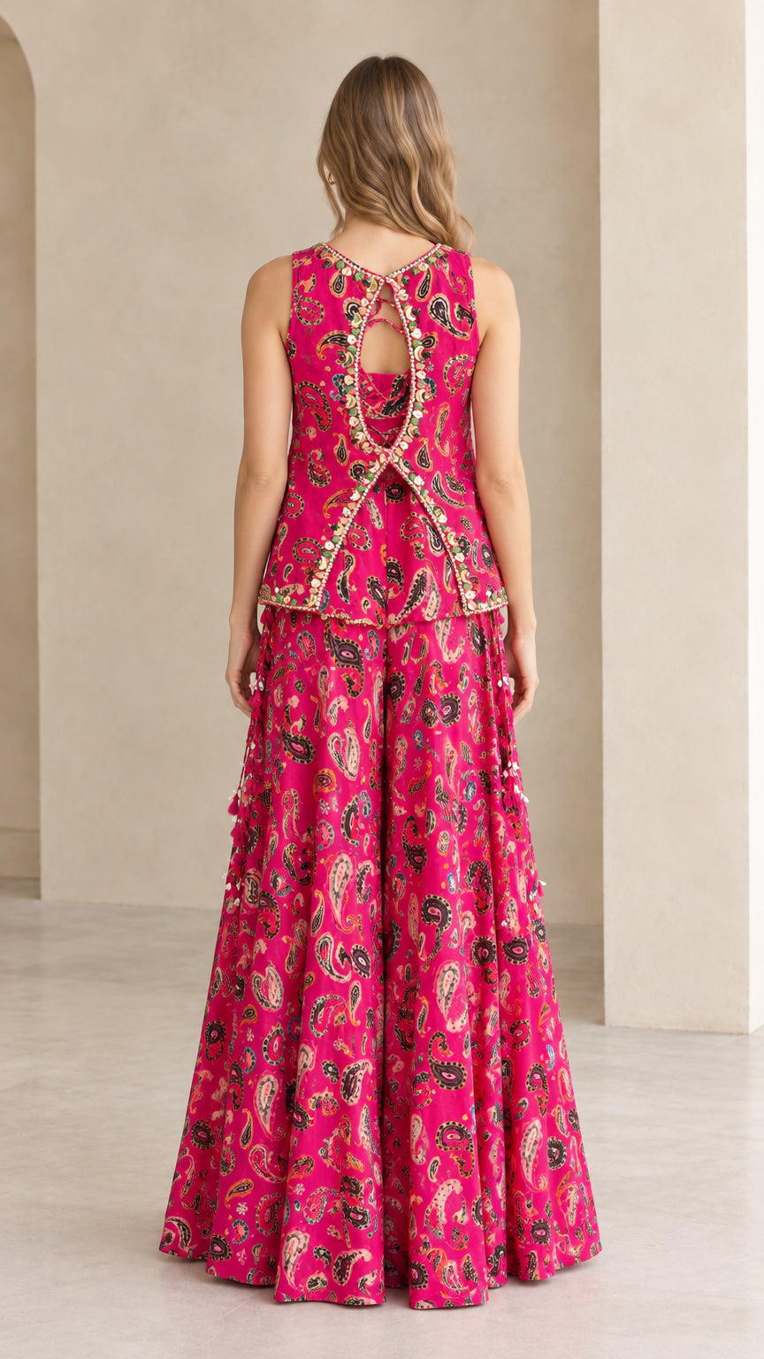Back view of magenta paisley 3-piece pant set showing keyhole back cutout on sleeveless jacket