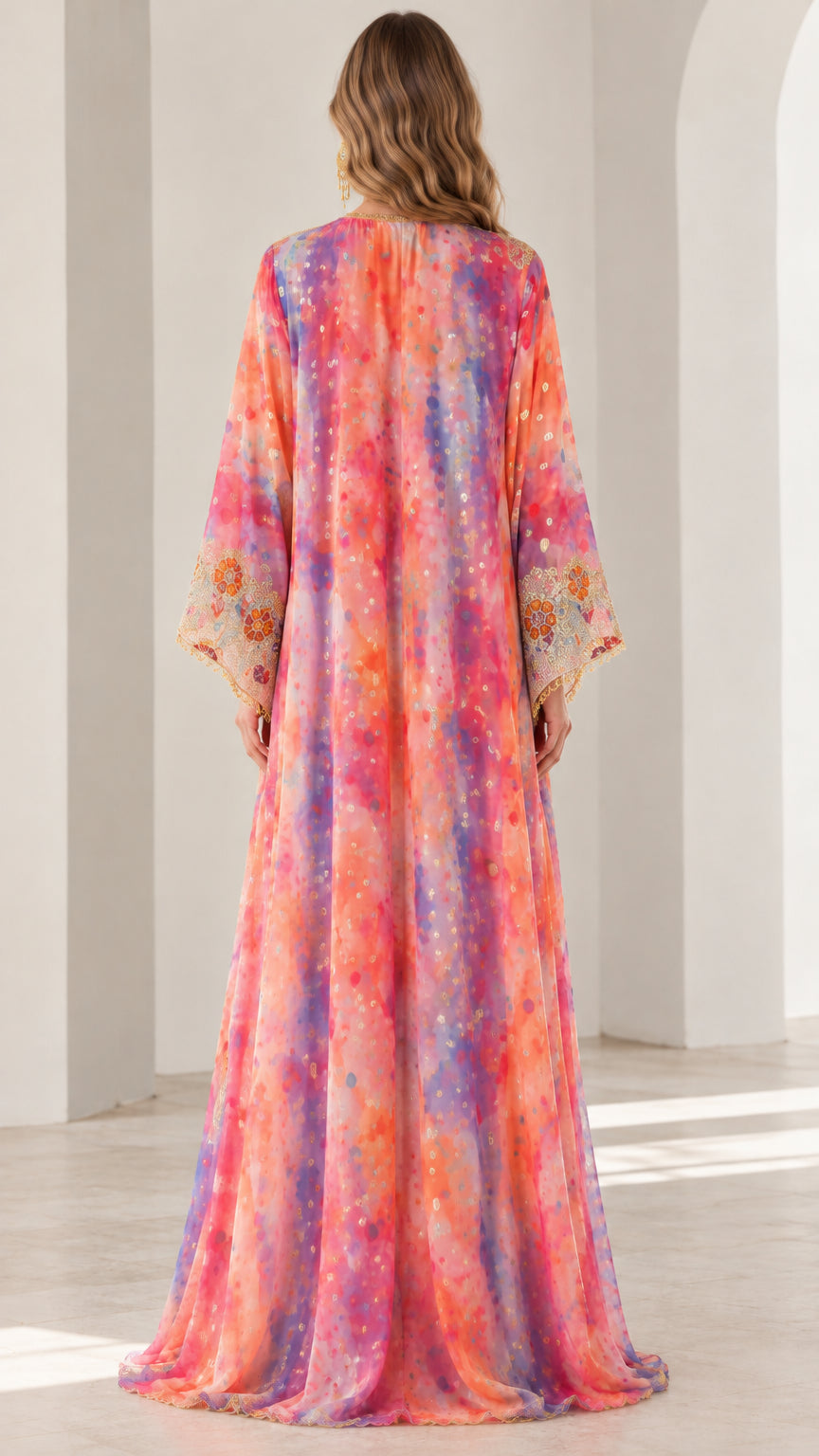 Back view of model wearing flowing colorful embroidered kaftan maxi dress