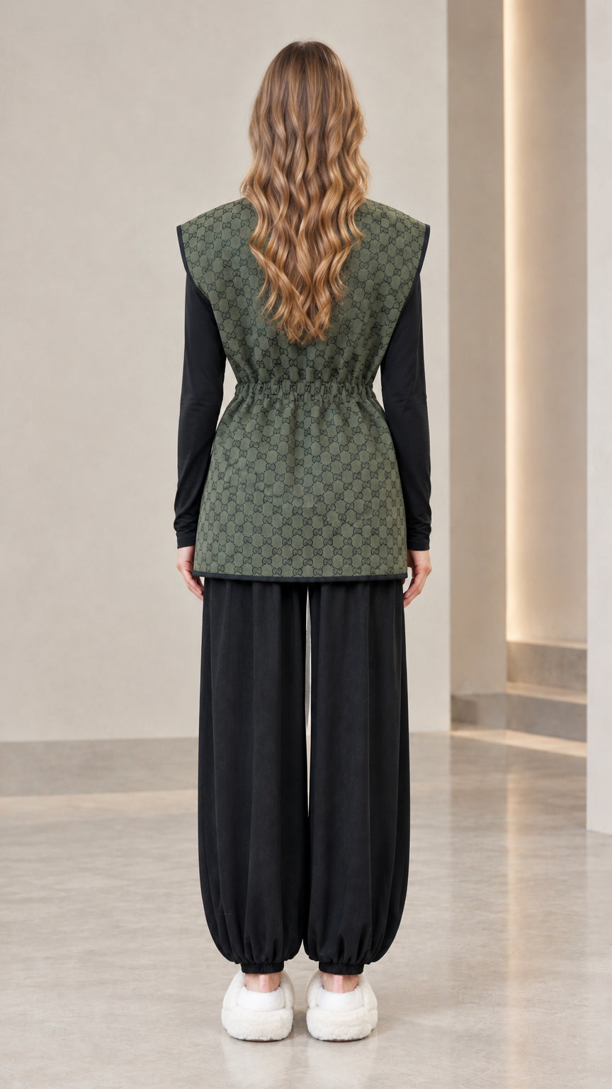 Back view of woman wearing olive green monogram drawstring waist vest