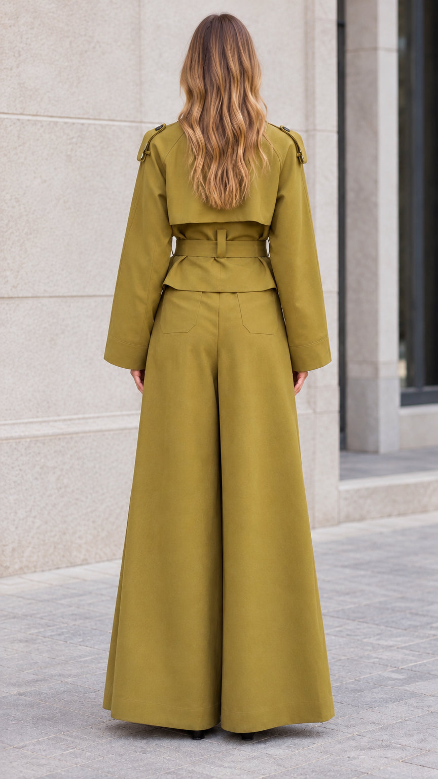 Back view of woman wearing olive green trench suit set showing storm flap and wide leg silhouette