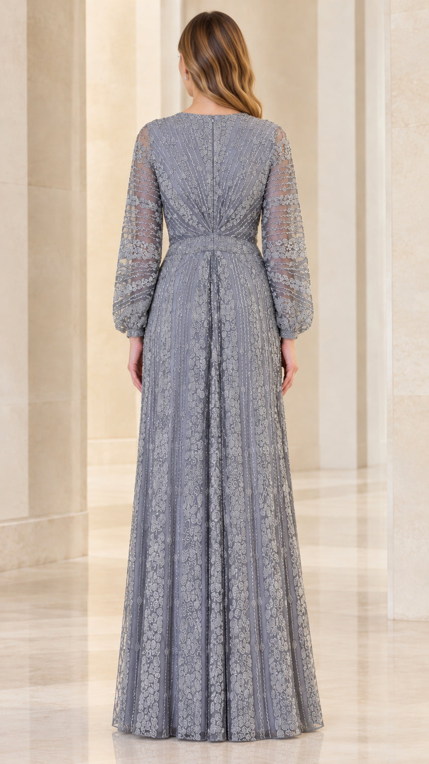 Back view of Slate Grey embellished floor-length formal dress