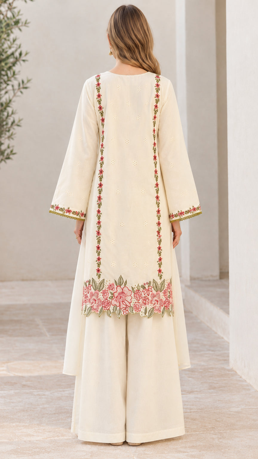 Back full-length view of off-white embroidered two-piece tunic set