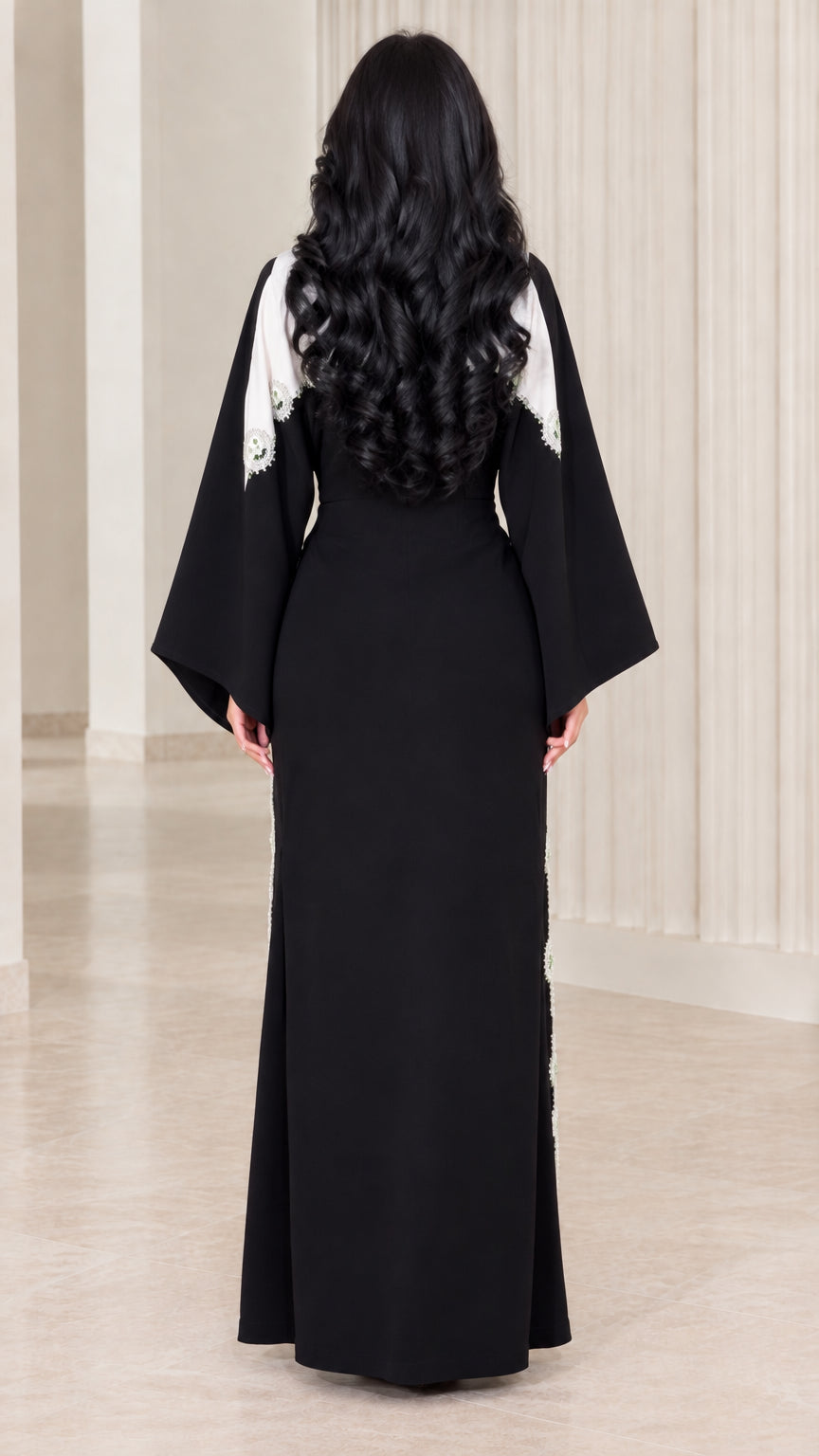 Black contrast embellished bell sleeve maxi dress back view