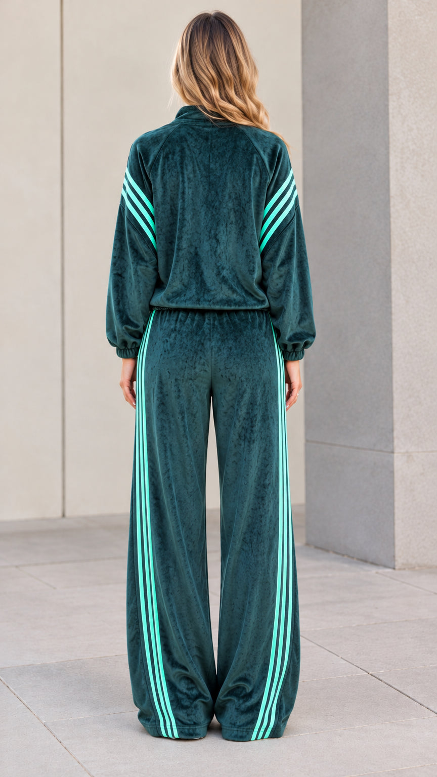Back view of model in dark green velvet tracksuit showing relaxed drape and wide leg silhouette