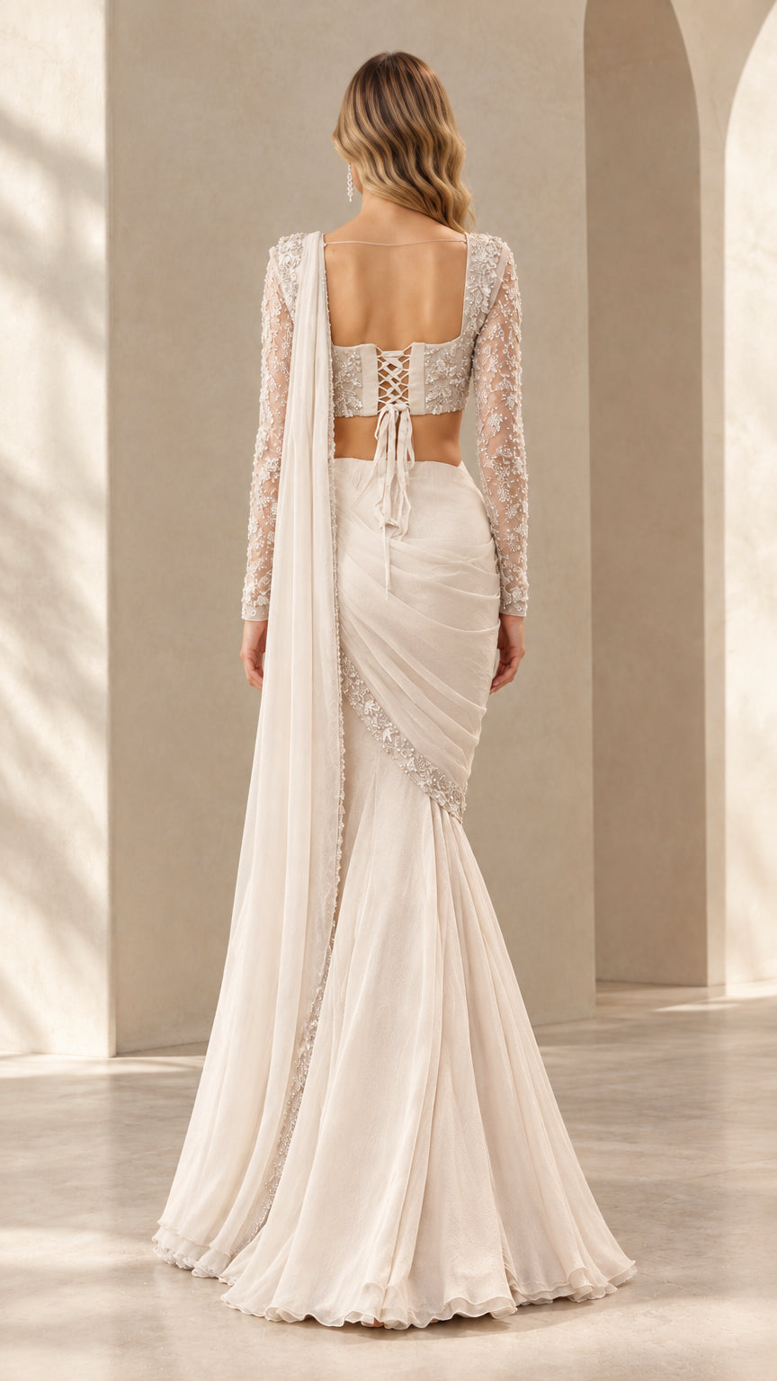 Ivory draped evening gown showing lace-up corset back and mermaid train