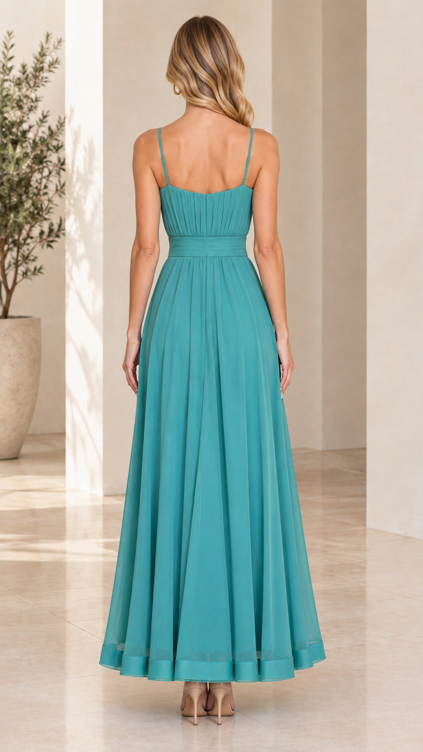 Back view of teal spaghetti strap pleated chiffon maxi dress