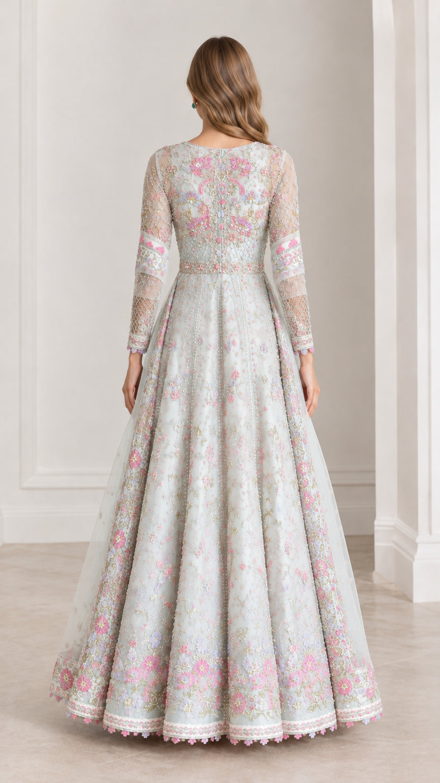 Back view of model in Ice Blue floor-length embroidered evening dress