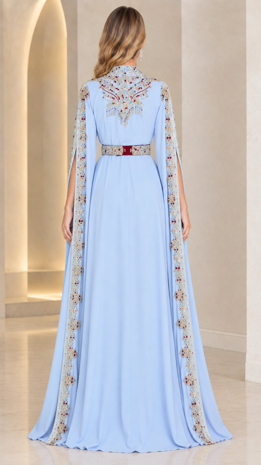 Light Blue Kaftan Dress back view highlighting embellished back motif and cape drape