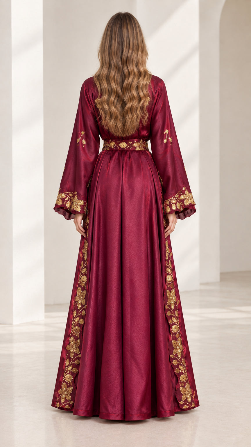 Back view of model wearing burgundy embroidered satin maxi dress