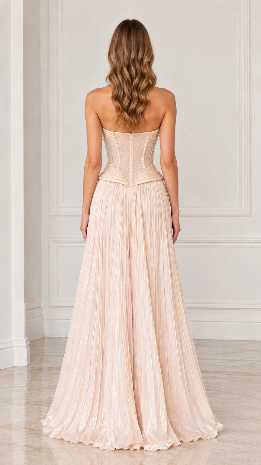 Back view of Champagne strapless evening dress showing corset back details