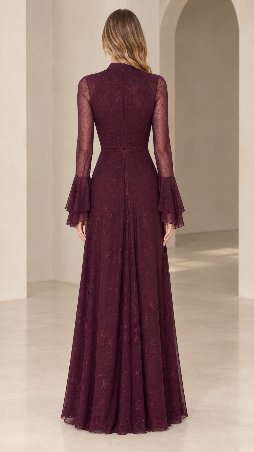 Back view of burgundy floor-length lace gown with high neck closure