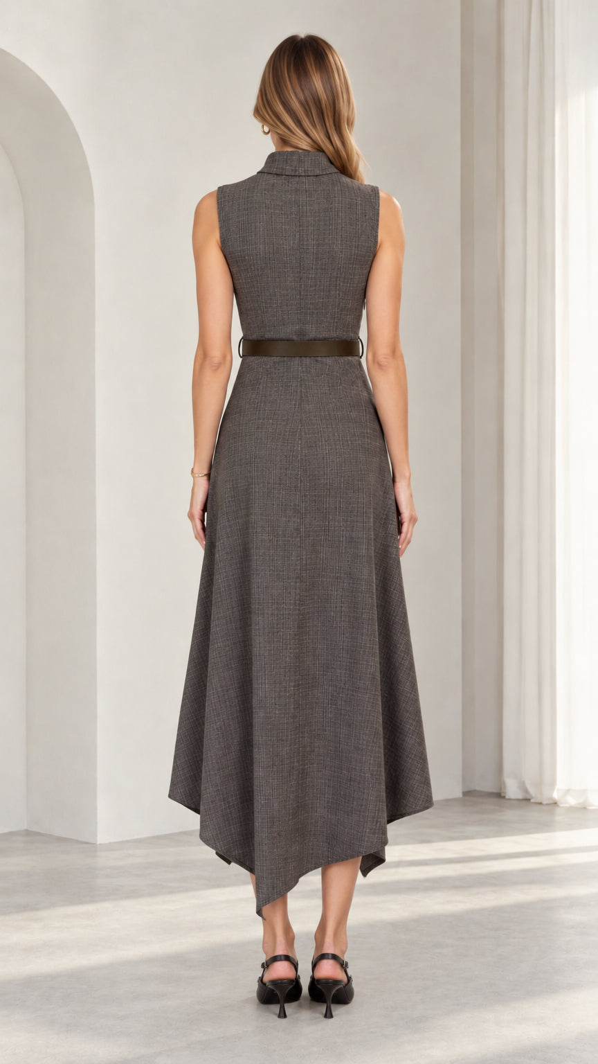 Back view of charcoal grey sleeveless midi dress with high collar
