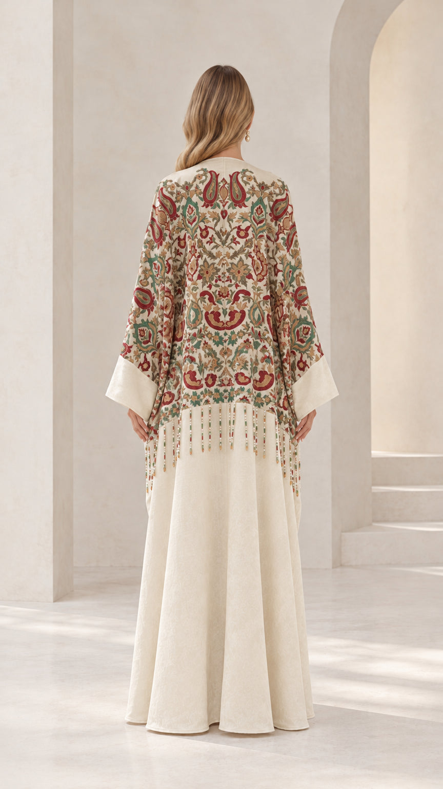 Back view of cream modest maxi abaya with detailed floral embroidery