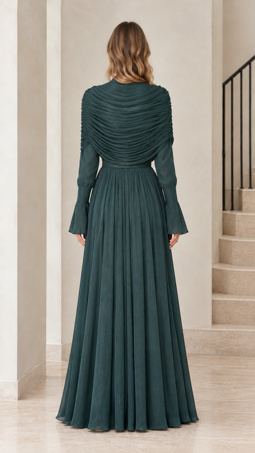 Back view of Emerald Green pleated cape bodice maxi dress