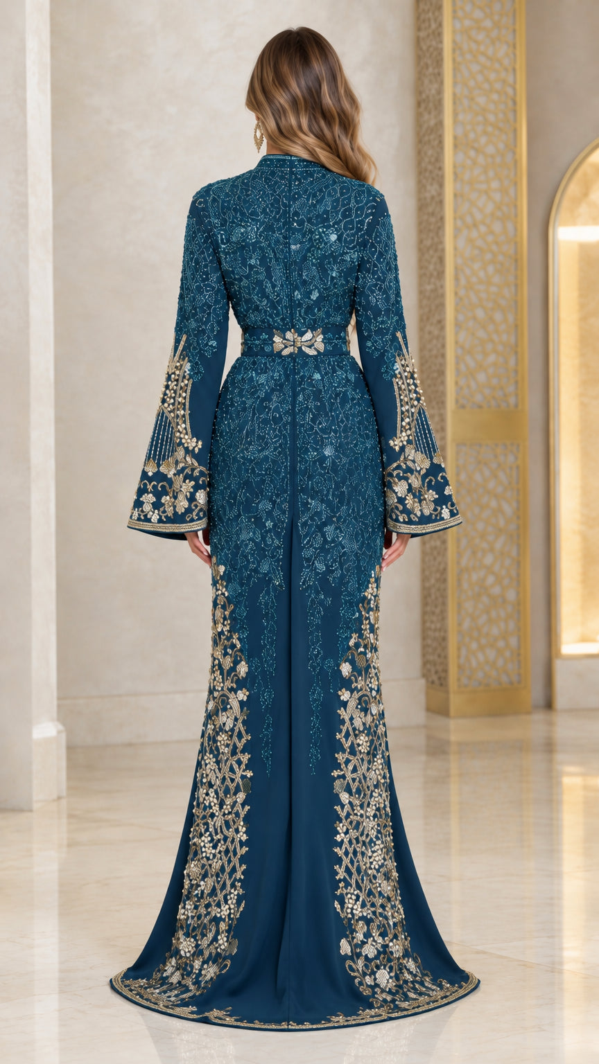 Teal embroidered floor-length caftan dress back view