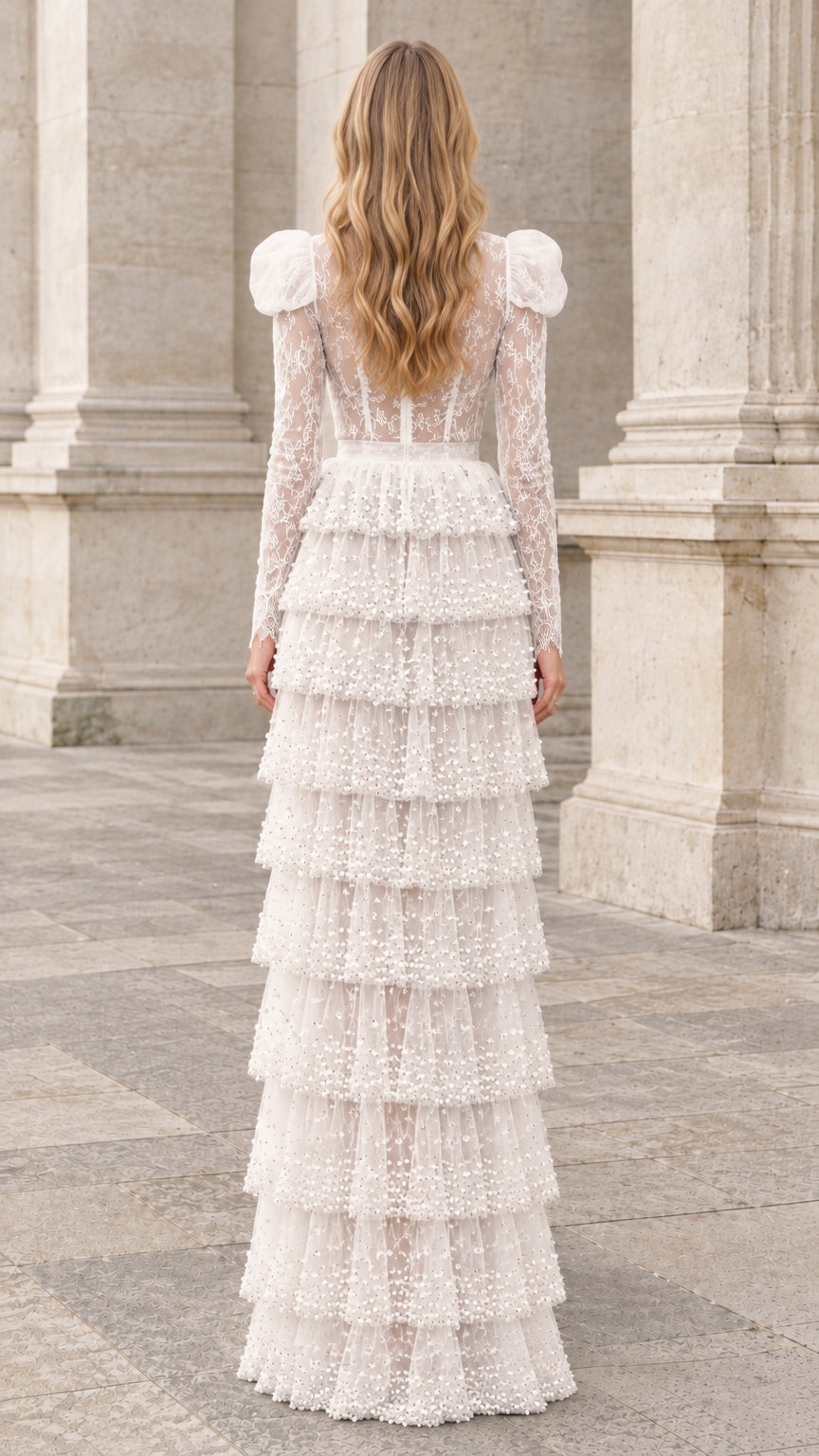 Back full-length view of ivory high-neck lace dress with tiered skirt