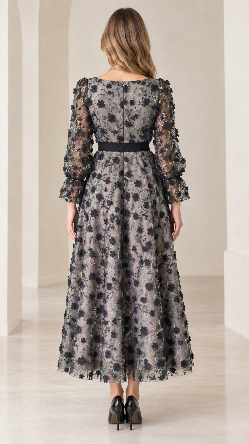 Back view of gray floral embroidered midi evening dress