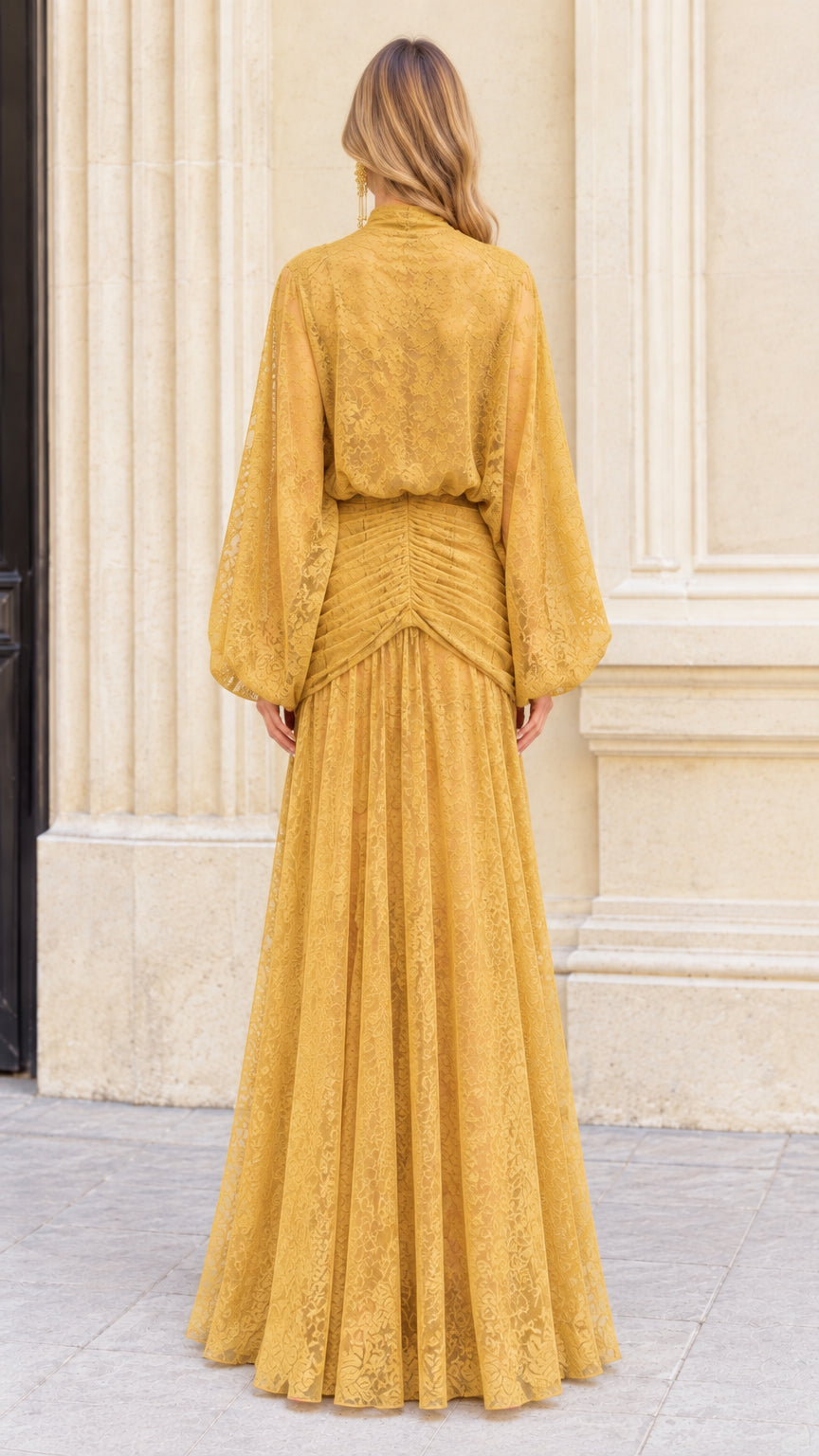 Back view of model wearing Mustard Yellow high neck lace maxi dress with ruched waistline