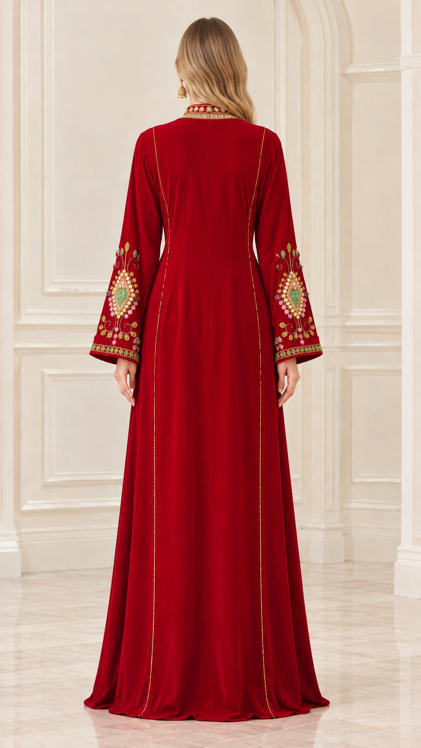 Back view of wine red velvet full-length kaftan dress