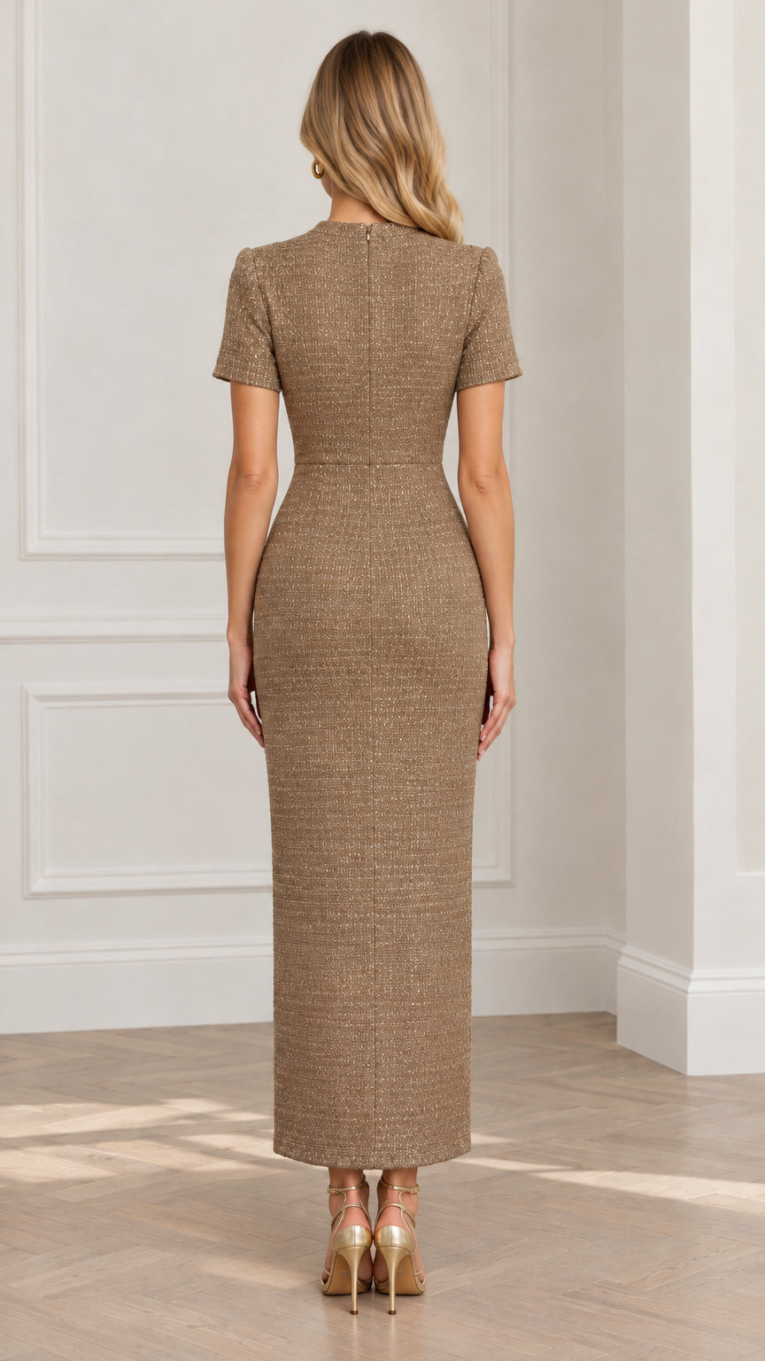 Back full view of woman wearing Camel Brown tweed maxi dress with back zipper
