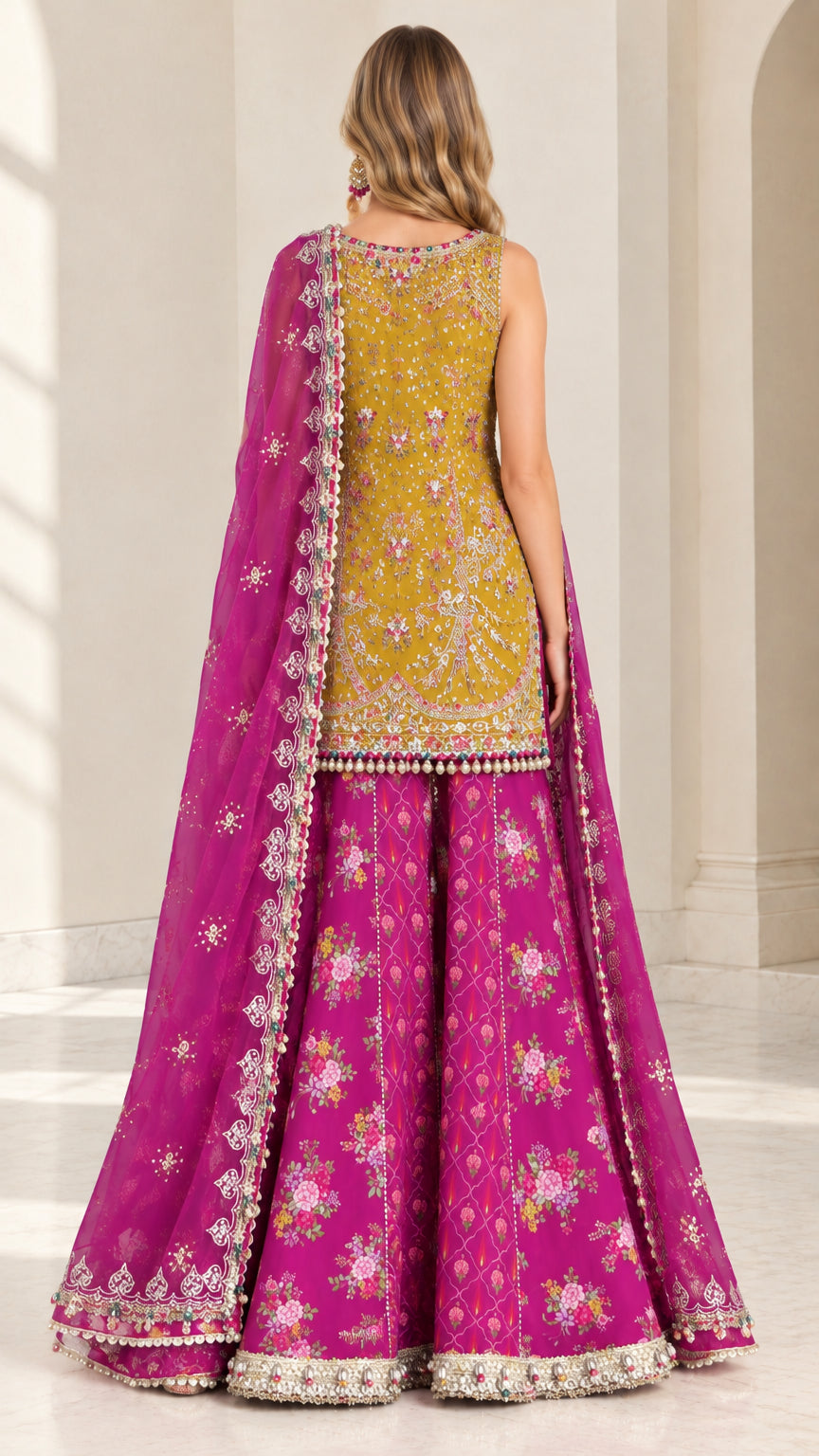 Back full-length view of Mustard and Magenta embroidered 3-piece ethnic sharara set