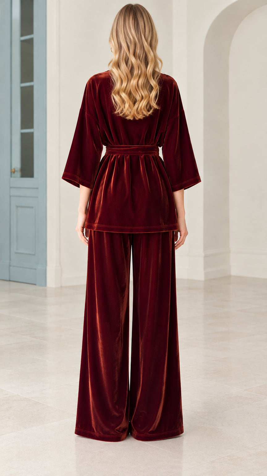 Back view of model wearing burgundy velvet tunic top and wide leg trousers