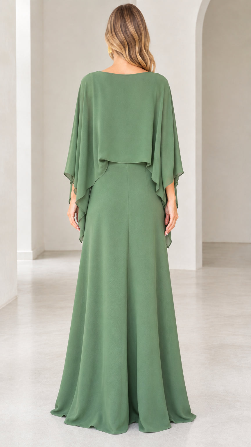 Sage green wide-leg evening jumpsuit back view with draped poncho cape