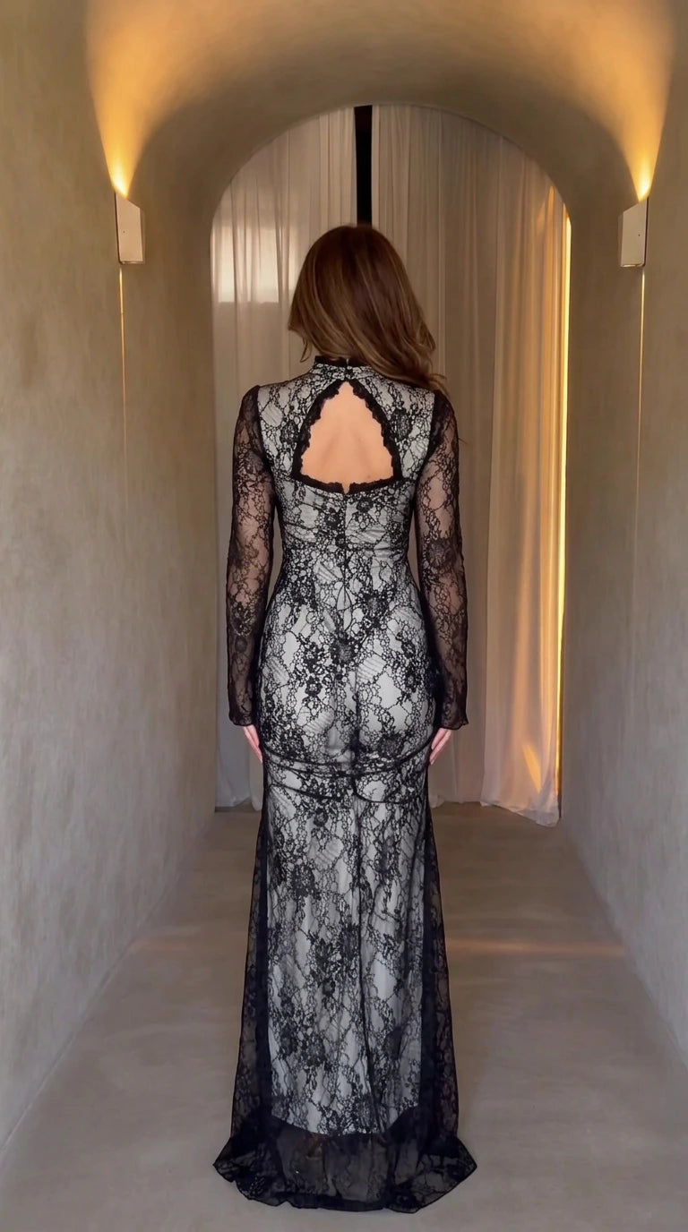 Back view of long lace formal dress showing open keyhole back detail