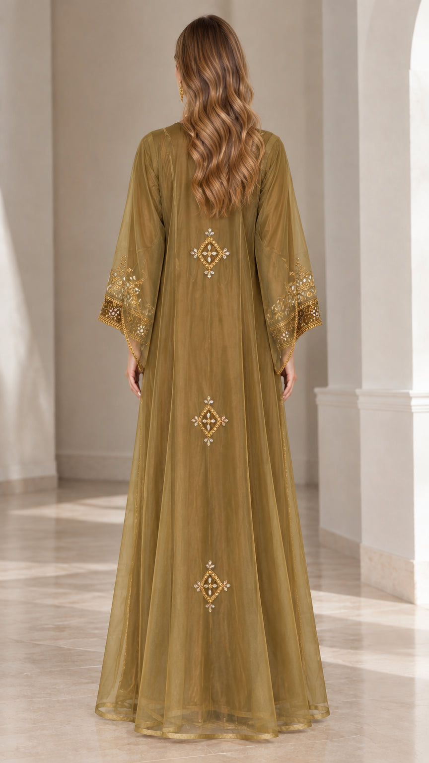 Olive Gold sheer embellished kaftan maxi dress back view