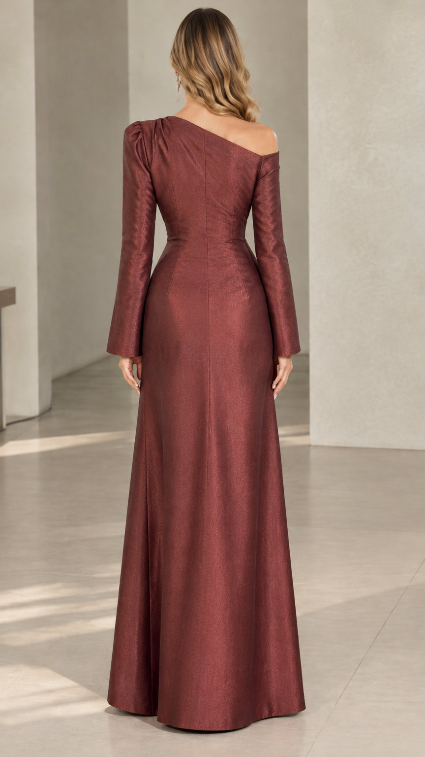 Back view of burgundy one-shoulder evening gown with back zipper