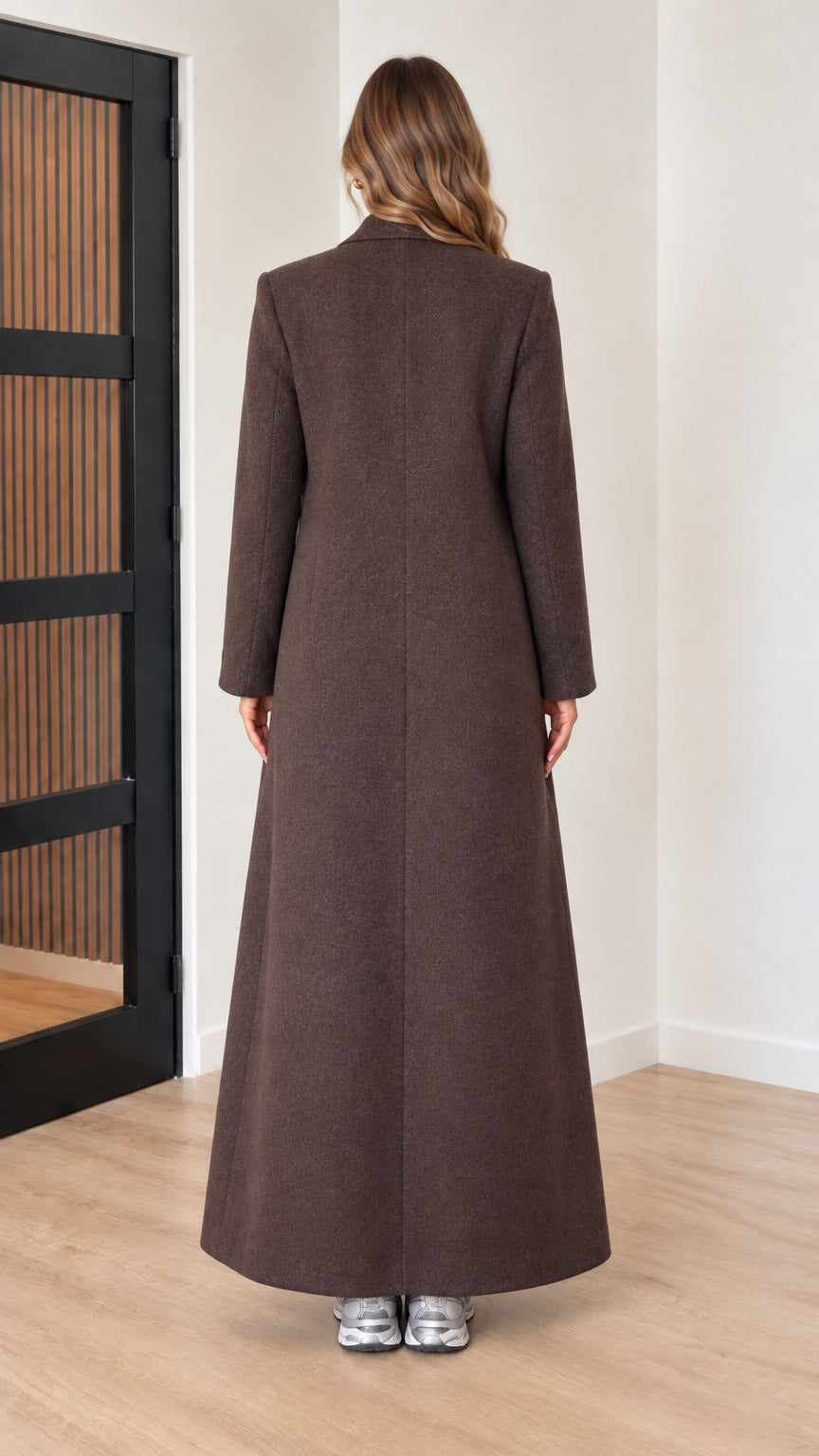 Back full view of chocolate brown maxi wool-style overcoat