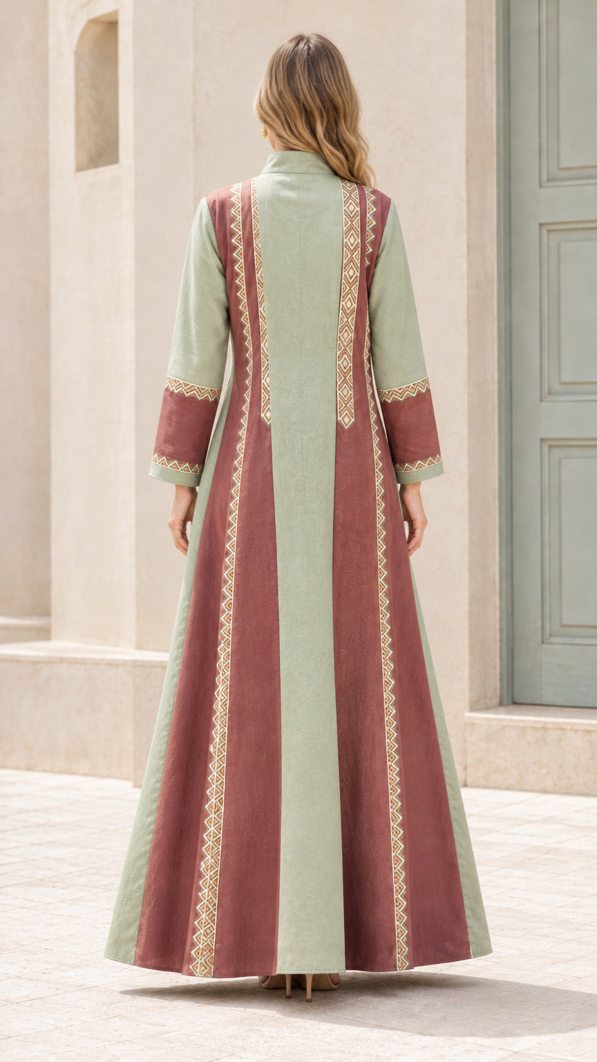 Back view of sage green and terracotta paneled maxi abaya coat set