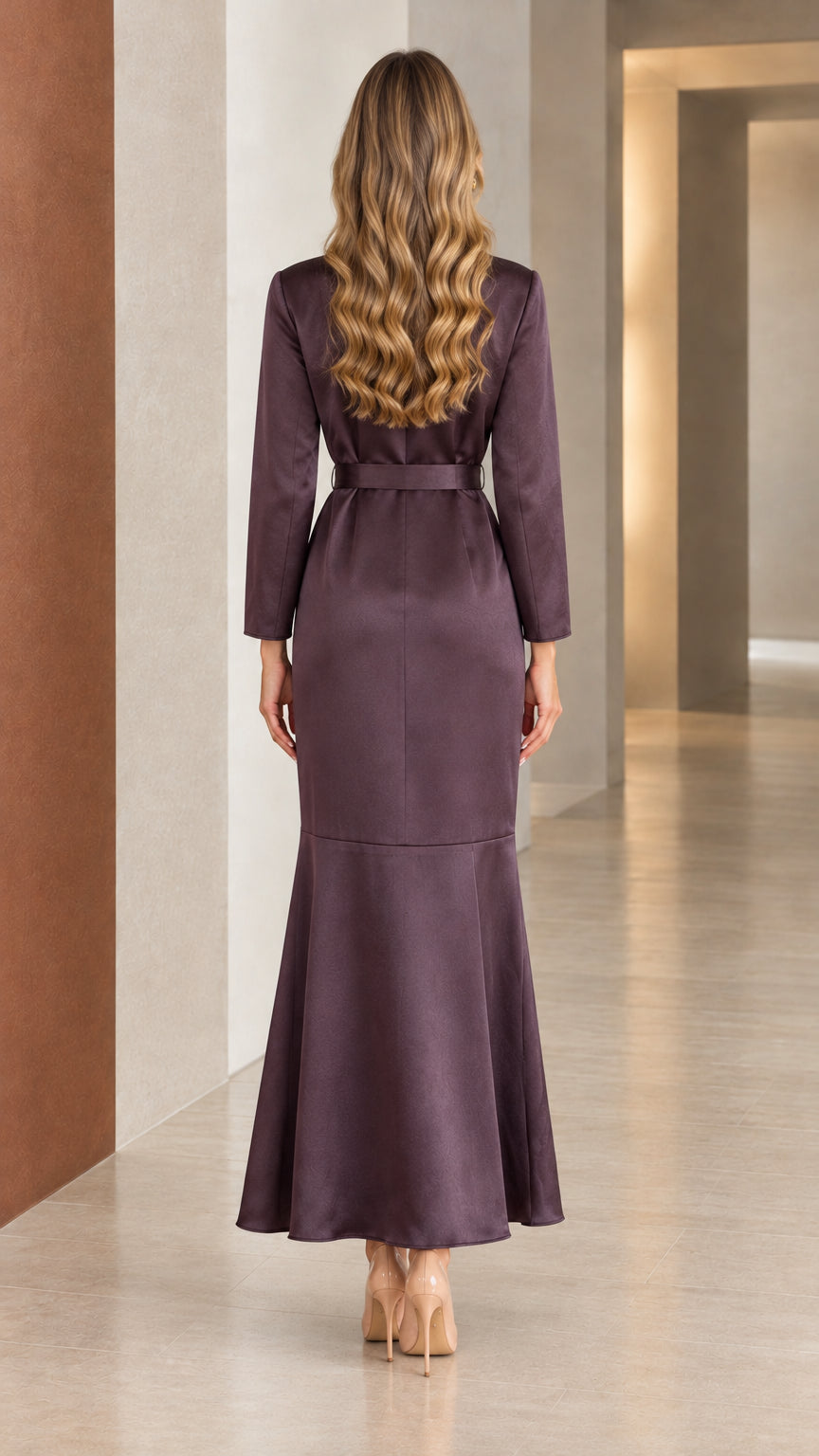 Back view of woman wearing tailored deep plum satin maxi dress