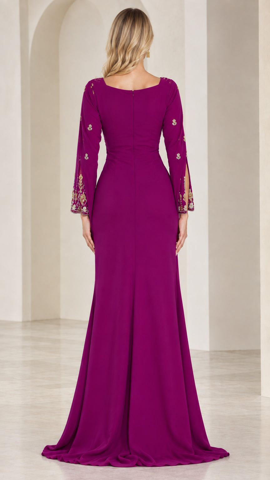 Back full-length view of magenta evening dress featuring square back and clean hemline