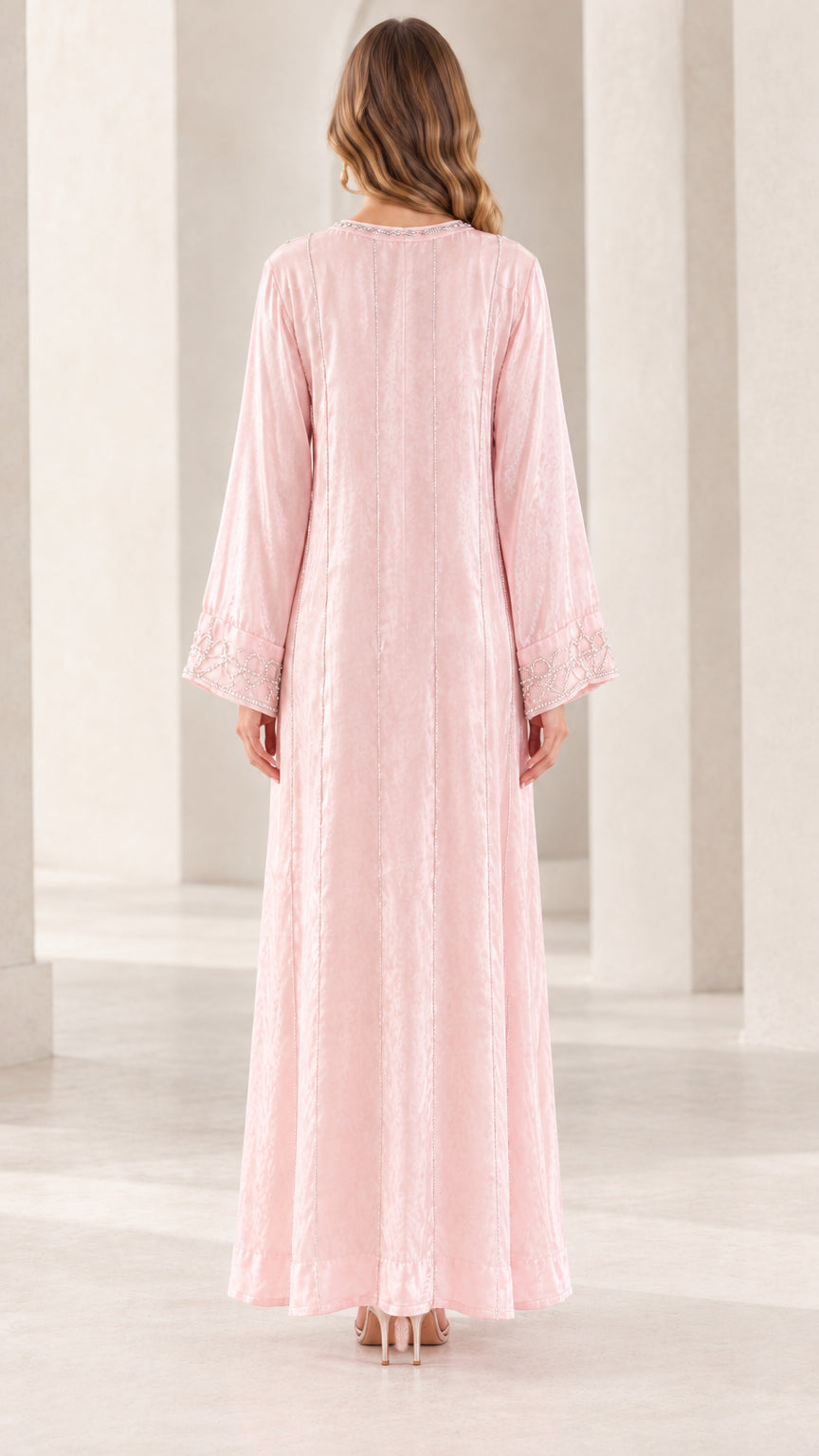 Back view of model wearing Blush Pink modest velvet maxi dress