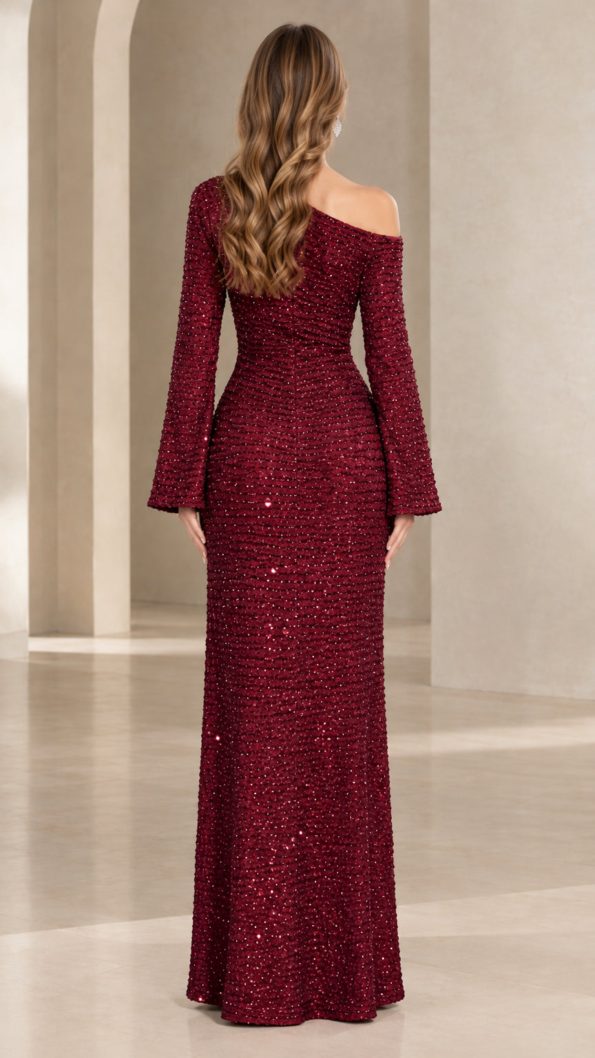 Burgundy one-shoulder sequin evening dress back view