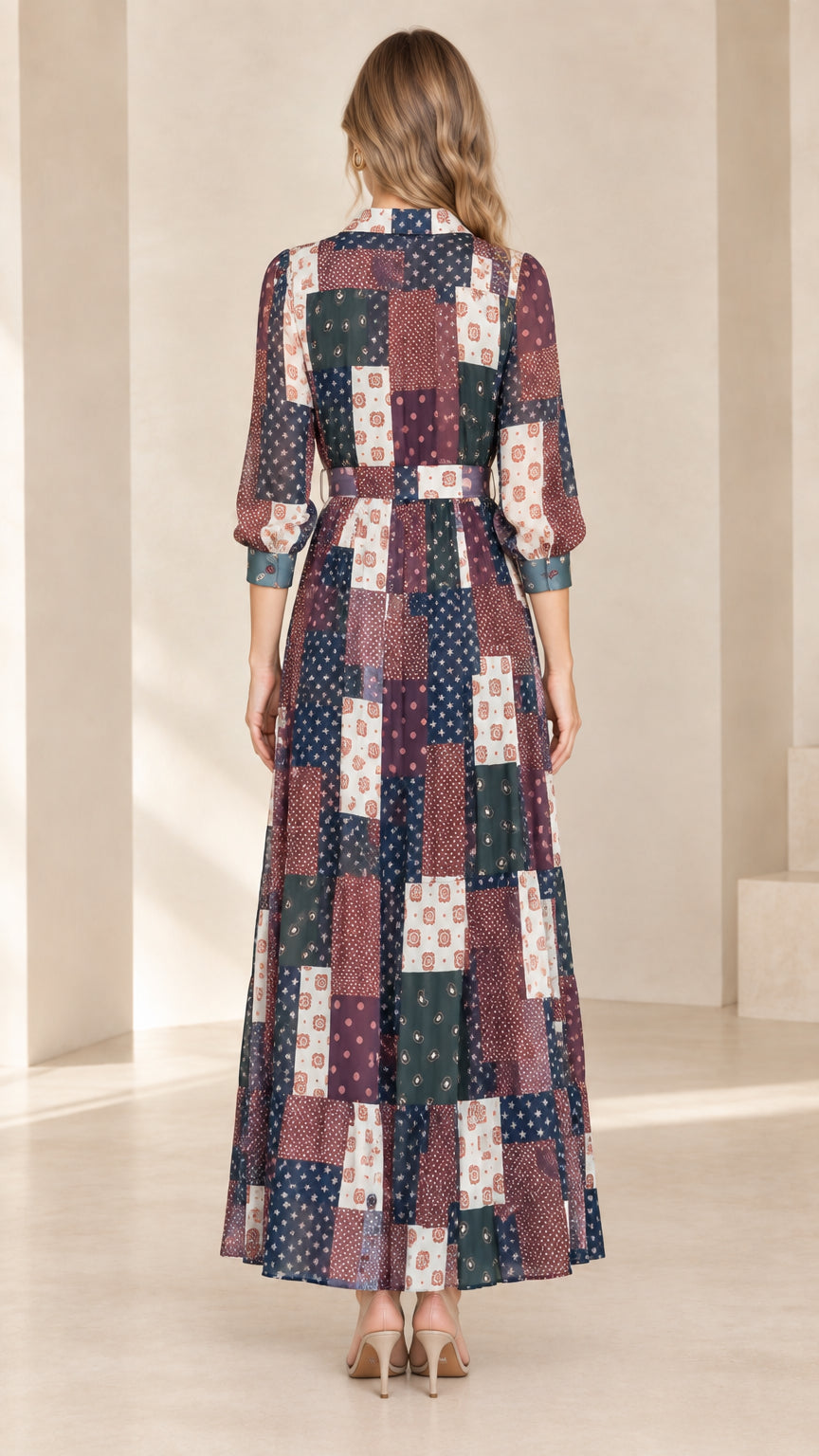 Back view of model wearing Navy Multi patchwork maxi dress
