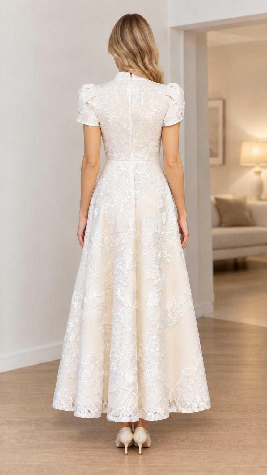 Ivory floral jacquard maxi dress back view showing zipper and full skirt
